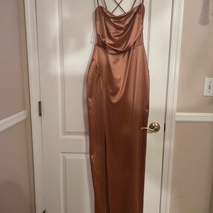 Windsor Selena High Slit Rose Gold Satin Dress